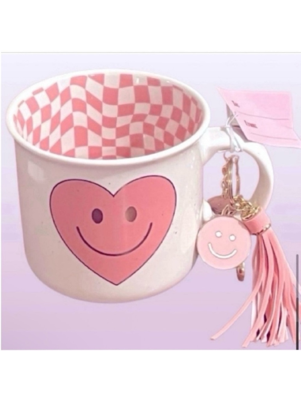 🆕-Sheffield Home-Pink Smiley Heart Ceramic Coffee/ Tea Mug w/ Key Ring